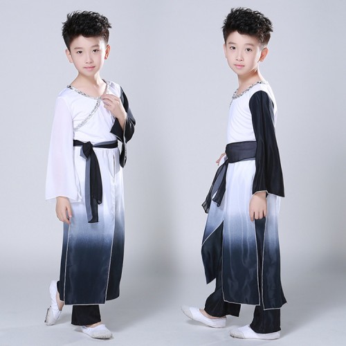 Boys Chinese folk dance costumes ancient taichi maritial school wushu stage performance singers dancers photos copaly dancing robes